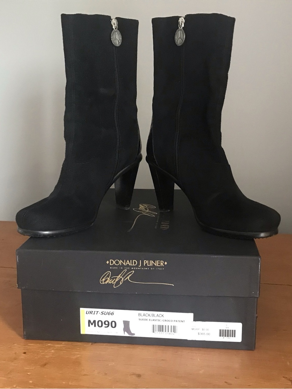 Donald J. Pliner Black Suede Mid-Calf Zip-Heel Boots